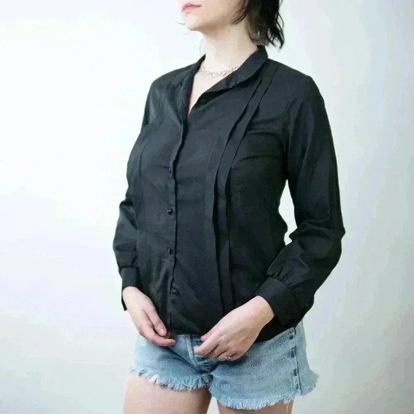 Vintage 90s Sheer Black Pleated Button Down Blouse - Picture 2 of 8